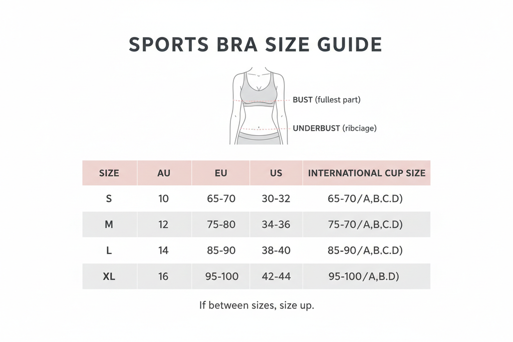 Size chart for women's high-impact sports bra showing AU, EU and US sizing for S, M, L, XL
