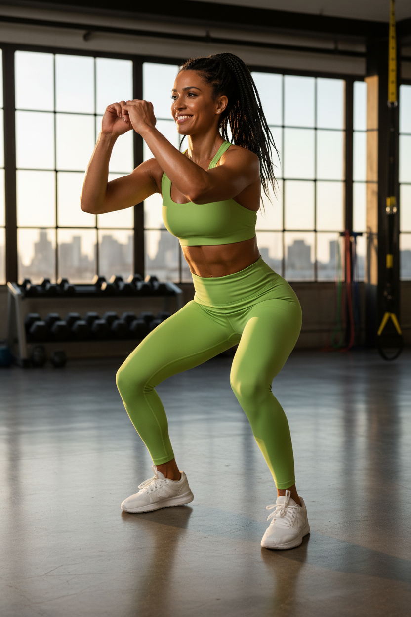 Woman wearing 2-piece sports bra and leggings set during a gym workout